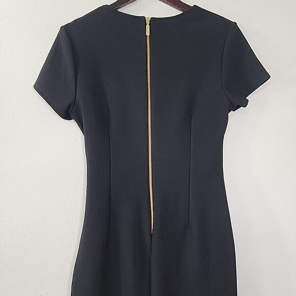 Bisou Bisou Black Ruched V-Neck Dress Gold Zipper Asym Hem Size 12 Stretchy - Picture 5 of 7